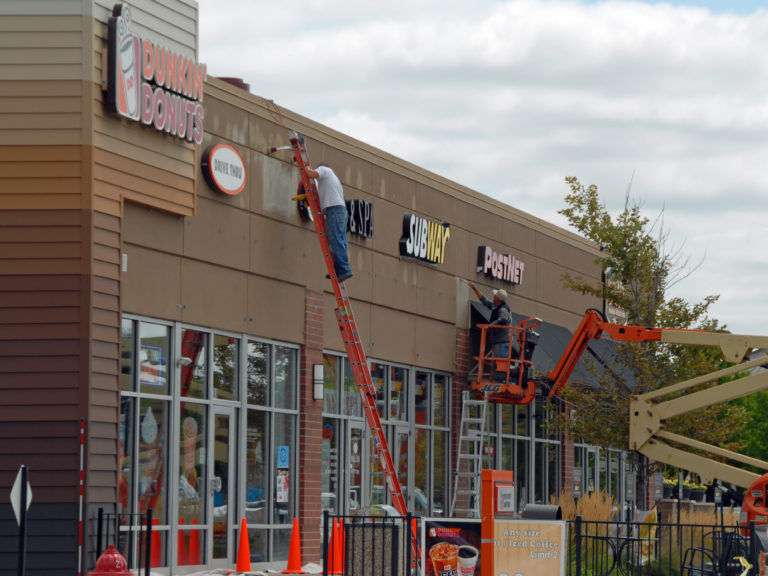 Commercial retail EIFS repair and Commercial exterior painting near Wheaton Illinois
